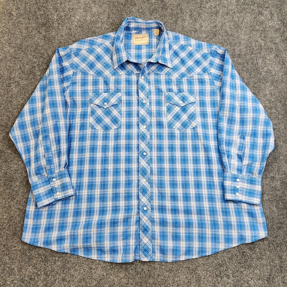 Wrangler Western Shirt Mens Big 3XL Blue Plaid Pearl Snap Long Sleeve Cowboy